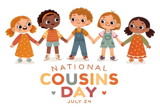 Diverse group of happy young children holding hands together in a cheerful illustration celebrating national cousins day with bright colors and a friendly style perfect for social media design project