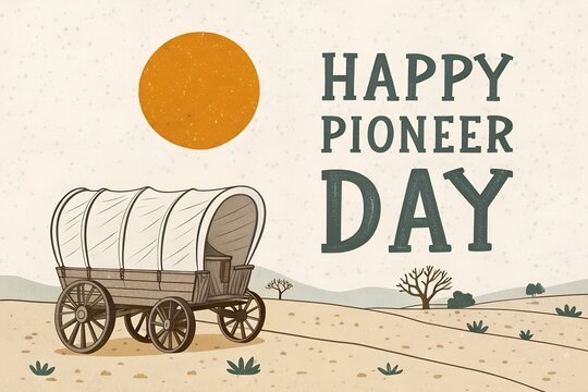 Traditional wooden pioneer wagon stands in the middle of a vast desert landscape under a bright orange sun in this artistic illustrated photograph celebrating the historic spirit of pioneer day