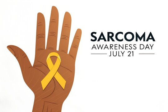 Open human hand displaying a bright yellow ribbon symbol to raise global awareness for sarcoma cancer patients on this annual commemorative day of support observed during the month of July.