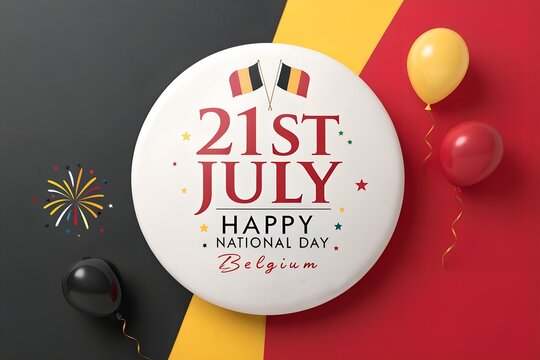 Festive badge celebrating twenty first of july national day in belgium featuring iconic national flags with vibrant party balloons and decorative fireworks on a colorful background representing the co