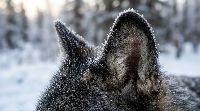 Close-up of a Siberian Husky's Head in Snowy Environment with Focus on Ears and Fur.