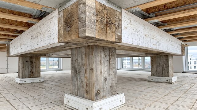 Rustic architectural wooden beams supporting modern concrete ceiling structure interior