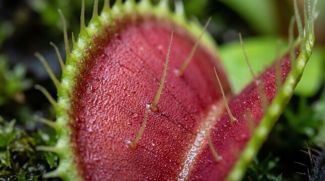 Close-up of a Venus flytrap with its distinctive trapping leaves and reddish interior.