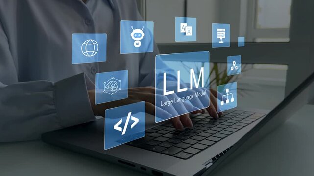 Large language model(LLM) with AI technology.User working on laptop in LLM,Data performrange language tasks,answering questions, summarizing information, translating languages, writing code.