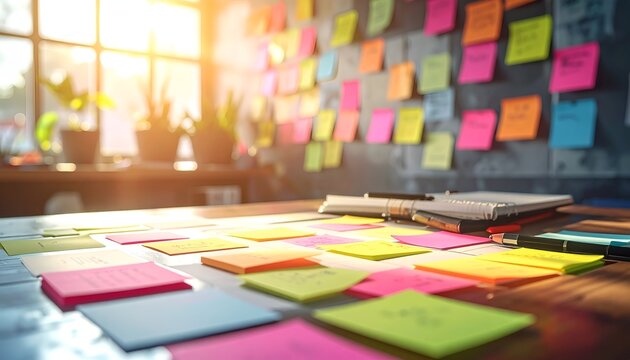 Bright sunlight streams through a window. Colorful sticky notes cover a cluttered desk