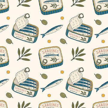Naive Mediterranean seamless vector pattern featuring sardines, sardine tins and olives in hand-drawn colorful style for textile, packaging and decor
