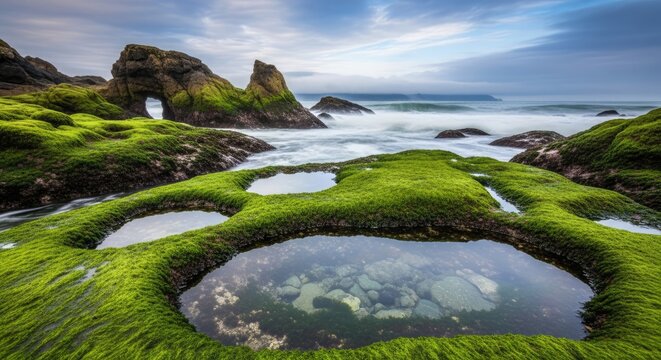 Green mossy tide pools on a rocky coast at sunrise