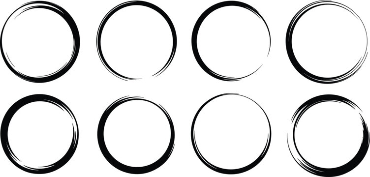 Grunge circle frame brush stroke collection, abstract ink ring vector illustration isolated black design elements set