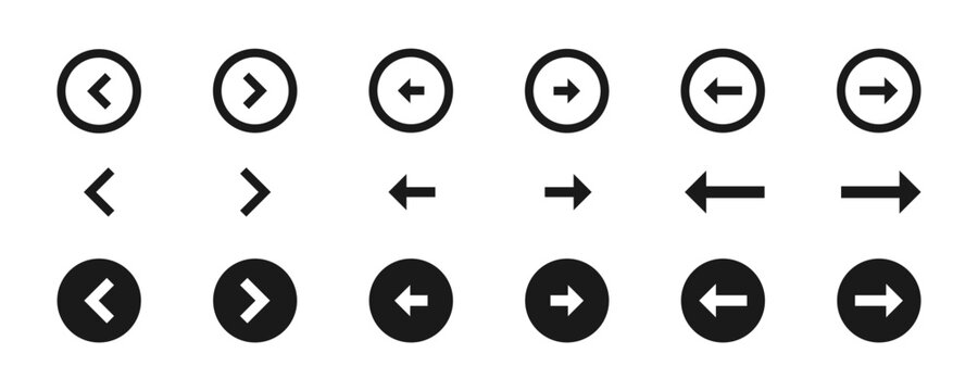 Arrow button icon set with next previous rounded navigation symbols, website slider app interface vector illustration