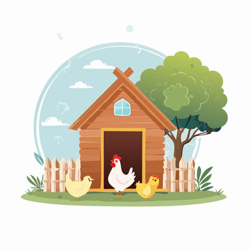 Chicken Coop with Chickens and Tree