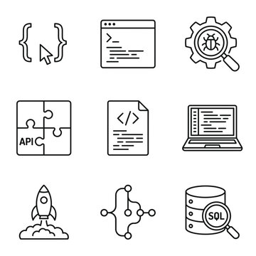 Technology icons for coding and software.