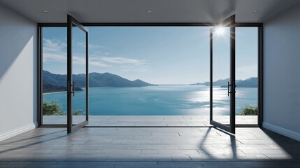 Naklejka premium Expansive Modern Interior with Open French Doors Revealing Breathtaking Ocean and Mountain Vista