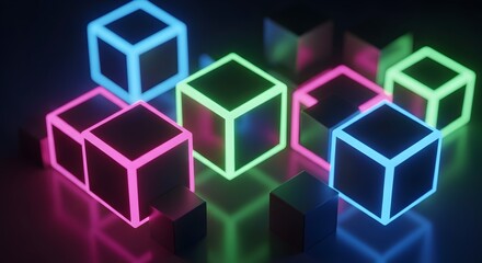 Obraz premium Glowing neon cubes in pink green and blue colors arranged in a futuristic 3D composition with reflective surface and dark background