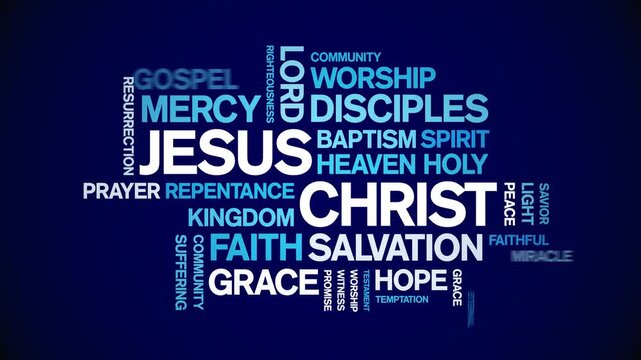 Jesus Christ animated word cloud-text design animation tag kinetic typography seamless loop.