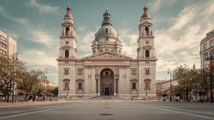 Fototapeta premium Majestic Neoclassical Basilica Facade with Towers and Dome in European City Square