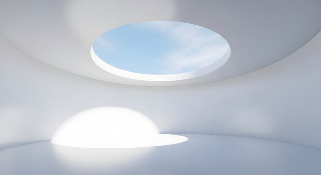 White futuristic interior with circular skylight showing blue sky and clouds illuminated by soft natural light and artificial lighting creating a modern architectural space
