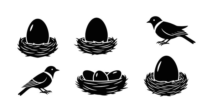 Bird Nest Icons: Eggs and Birds Silhouette Collection