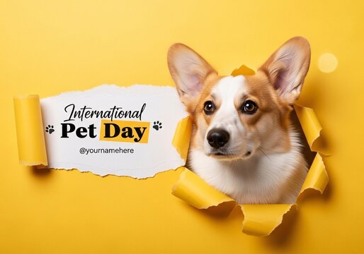 Corgi dog peeking through torn yellow paper on international pet day