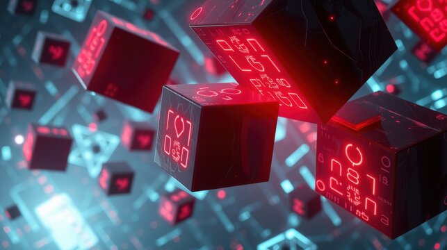 Floating red cubes display glowing digital characters. Background features similar shapes, creating futuristic scene. Dark space surrounds objects.