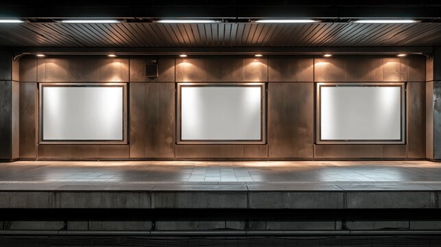 Three illuminated blank billboards on a modern subway station platform, ready for advertisement