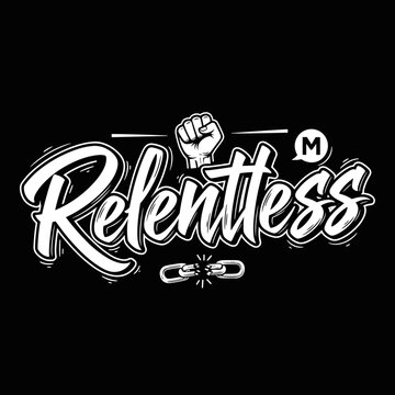 Relentless logo with broken chains fist.