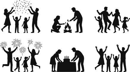 Obraz premium Black silhouette illustrations of people celebrating birthday party
