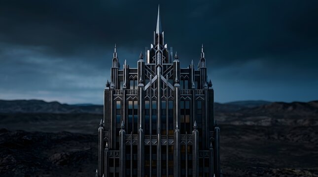 Gothic Futuristic Citadel on Rocky Desolate Plain under Stormy Sky