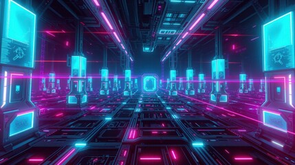 Fototapeta premium Futuristic corridor. Neon lights illuminate complex grid structure. Dark background emphasizes vibrant blues, pinks. Symmetry creates depth.