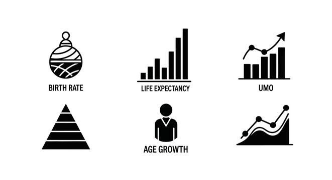 Demographic Statistics Icons: Birth Rate, Life Expectancy, Age Growth, UMO