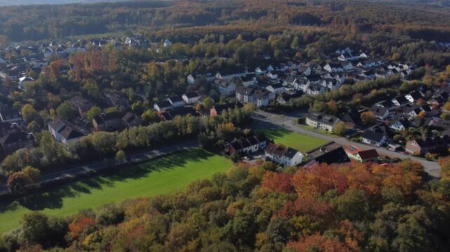 Aerial view flying over menden sauerland in autumn