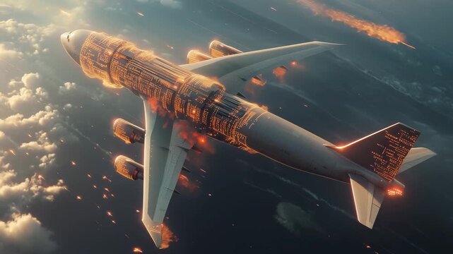 An airplane flies high above the clouds as digital graphics appear in the sky at sunset