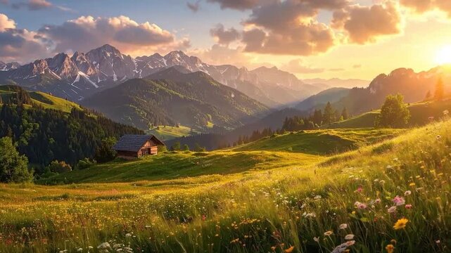 A beautiful landscape with mountains, trees and a small wooden cabin