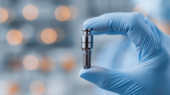 Gloved hand holding precision engineered dental implant screw for advanced oral surgery and restorative dentistry