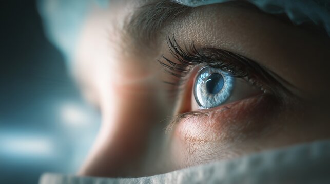 Close up of patient eye during lasik surgery ophthalmologist consultation showing eyelid mask, focused gaze, and diagnostic light indicating preoperative assessment.