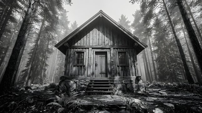 Haunted cabin in dense foggy forest at mystery dawn
