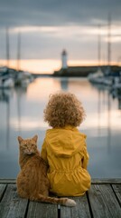 Fototapeta premium Young child with curly hair in yellow raincoat sitting on wooden dock with orange tabby cat watching harbor at sunset