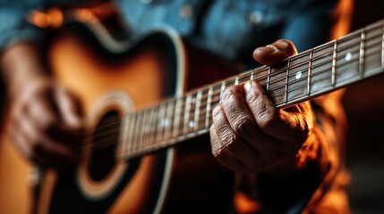 Obraz premium Close-up of a person's hands playing an acoustic guitar, focusing on finger positioning on the fretboard