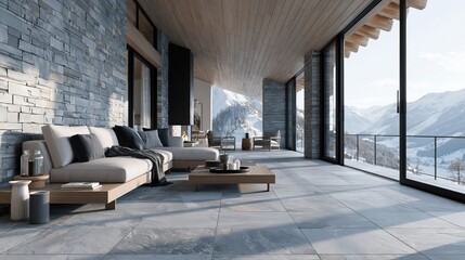 Naklejka premium Luxurious modern mountain villa with panoramic views and contemporary interior design