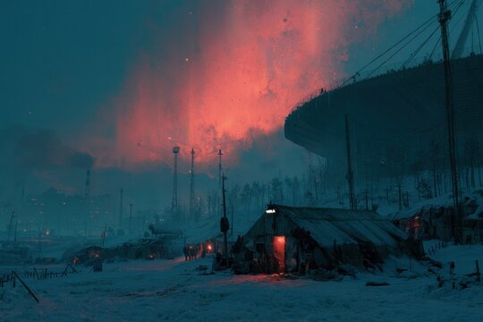 post-apocalyptic snowy village under ominous sky