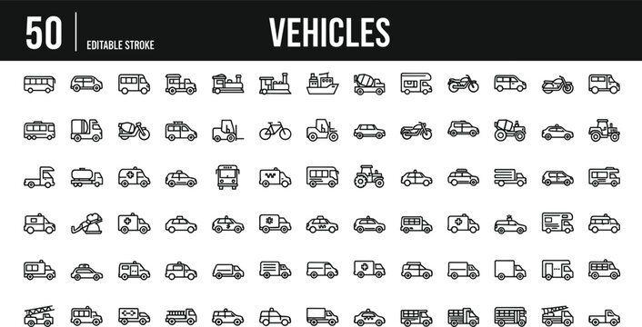 Vehicle icon collection featuring cars trucks buses motorcycles construction equipment and transportation service symbols concepts