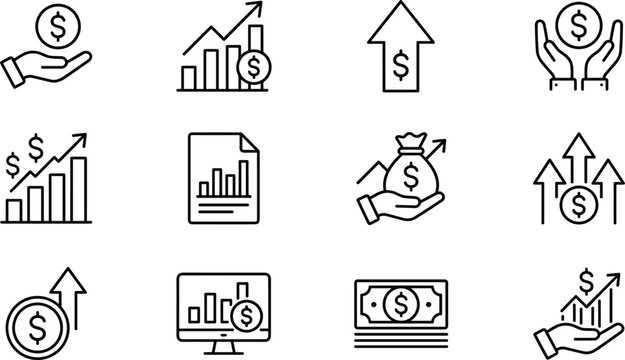 Financial growth and investment icon set featuring profit analytics money management and business success symbols