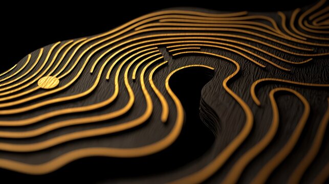 Artistic rendering depicts flowing topographic lines in gold and black