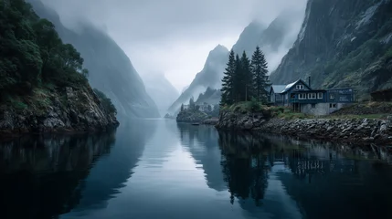 ultra realistic Nordic island village hidden inside a massive fjord, steep cliffs disappearing into fog, calm cold ocean reflections, cinematic travel photography, moody Scandinavian atmosphere. © 逵翔 張