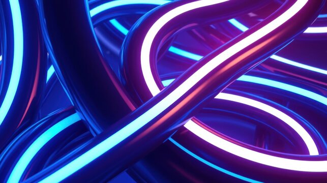 Bright neon tubes intertwine, creating abstract shapes. Vivid blue, purple, white light dominates dark background. Modern digital art.