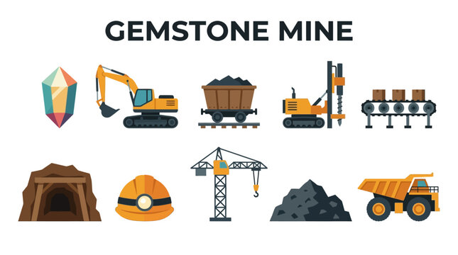 Gemstone Mine Equipment and Mineral Extraction Symbols with Excavator Drill Cart and Dump Truck