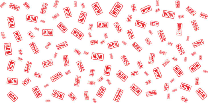 Repeating stamp pattern with words mom wow and bonus on transparent background