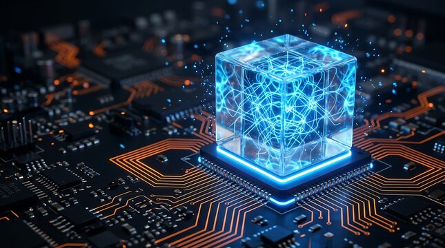 Digital data block on circuit board symbolizing powering advanced machine learning, data analytics, and quantum computing for corporate innovation and digital solutions.