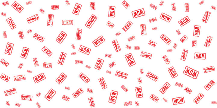 Pattern of wow bonus and mom text stamps on transparent background