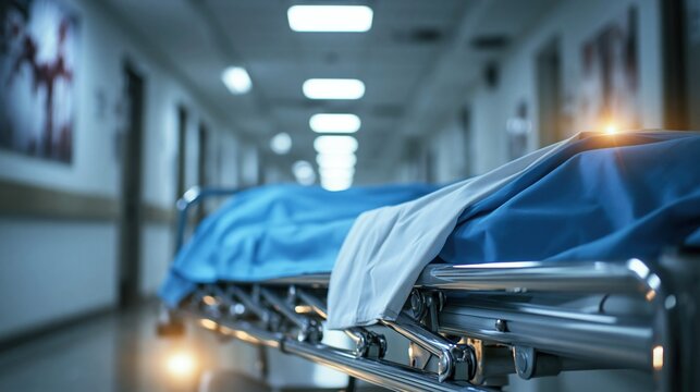 Empty Hospital Stretcher Covered with Blue Sheet in Dimly Lit Corridor