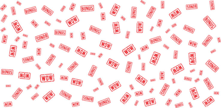 Repeating wow bonus and mom stamp pattern on transparent background